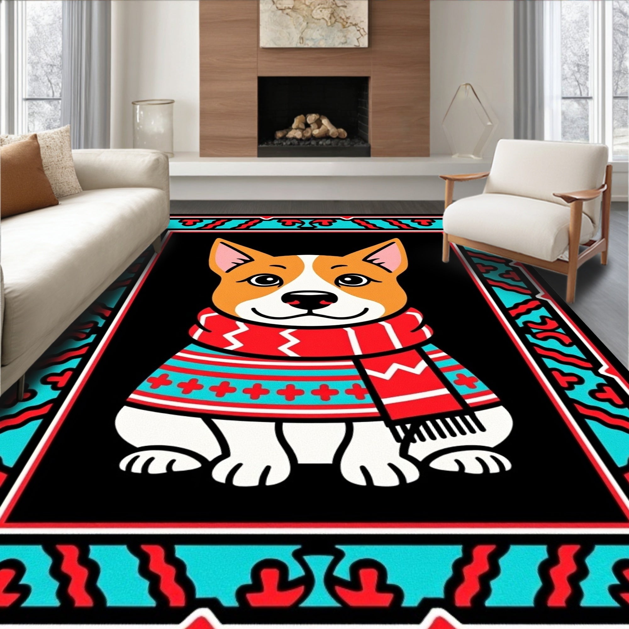 Cute Corgi Winter Scarf Portrait Rug