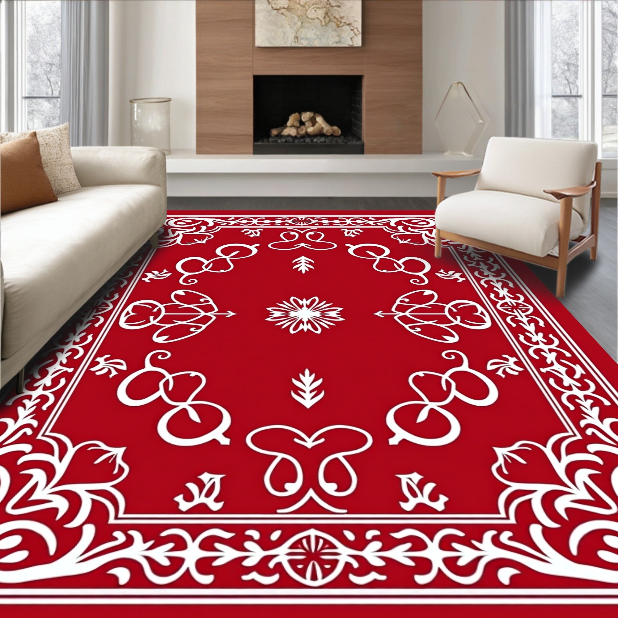 Bold Red Ornamental Frame Mandala Rug