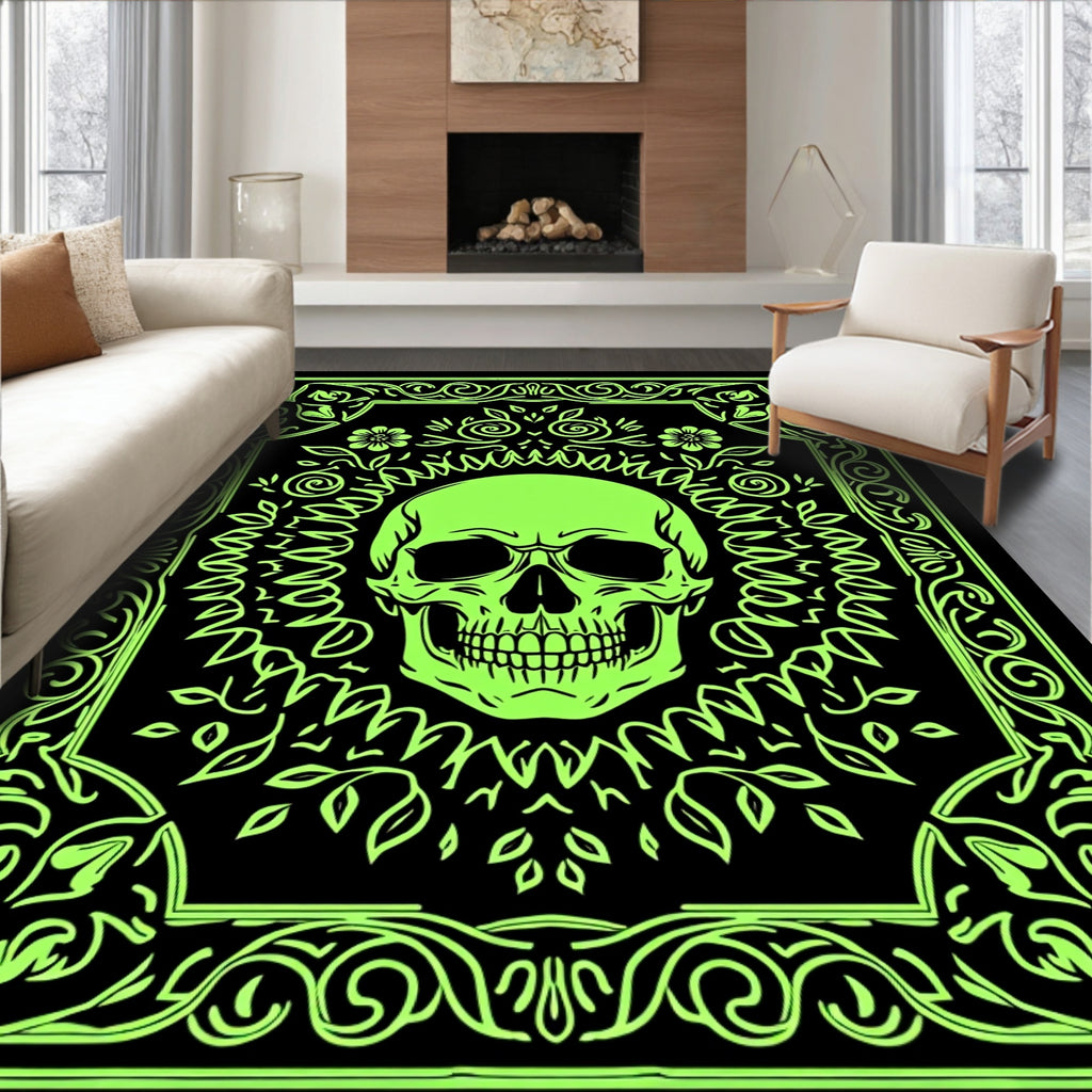 Glow In Dark Skull Floral Border Rug