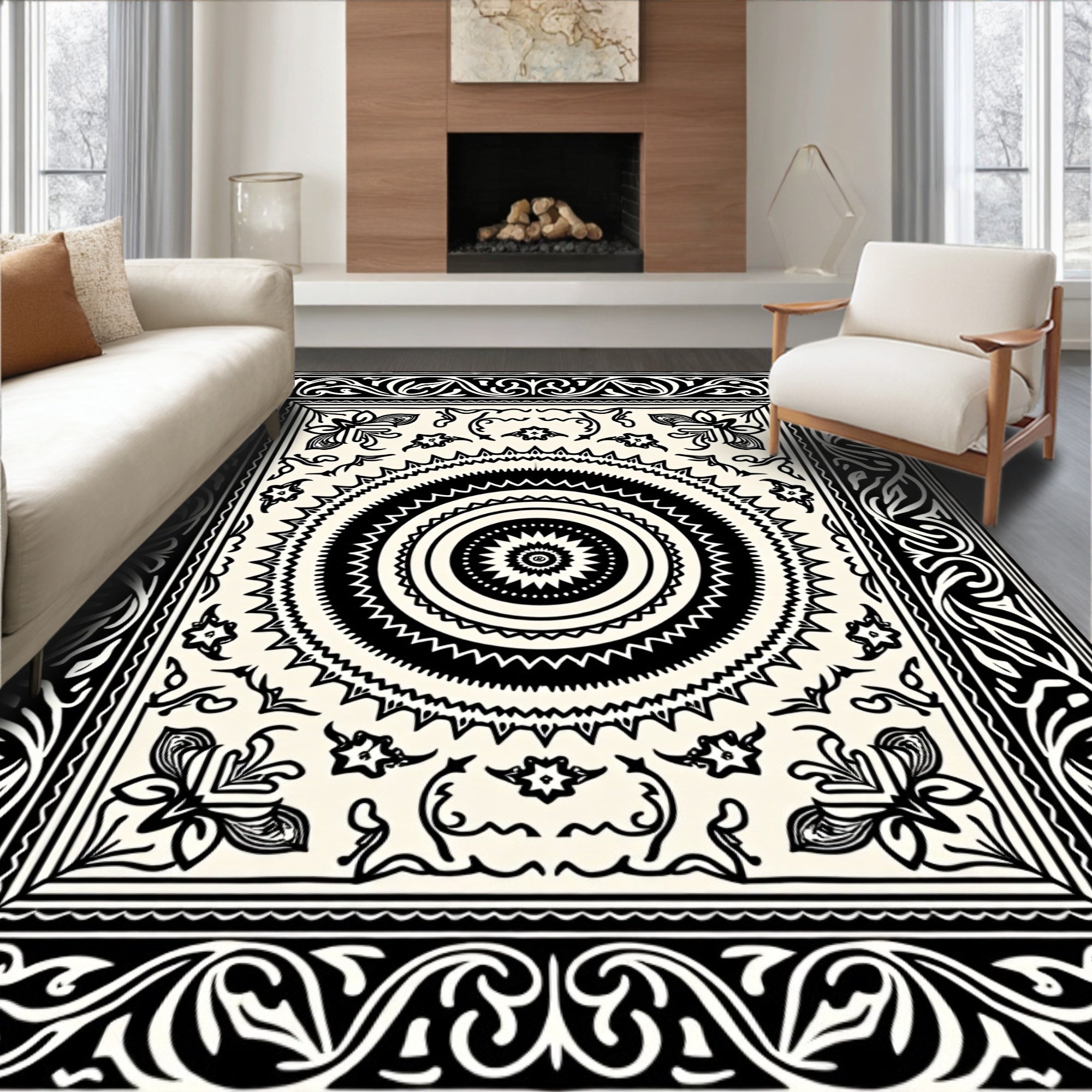 Bold Black White Mandalas Frame Rug