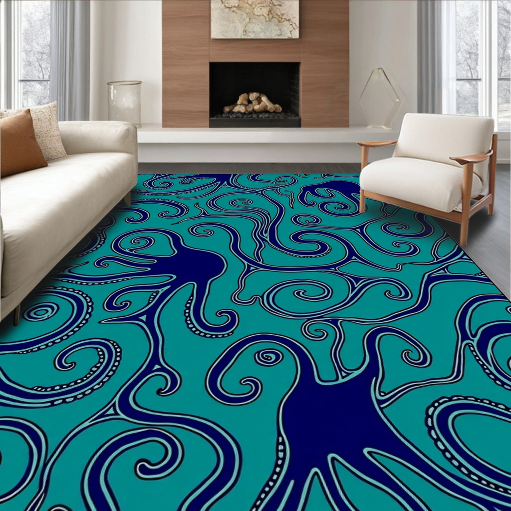 Oceanic Navy Blue Octopus Swirls Rug