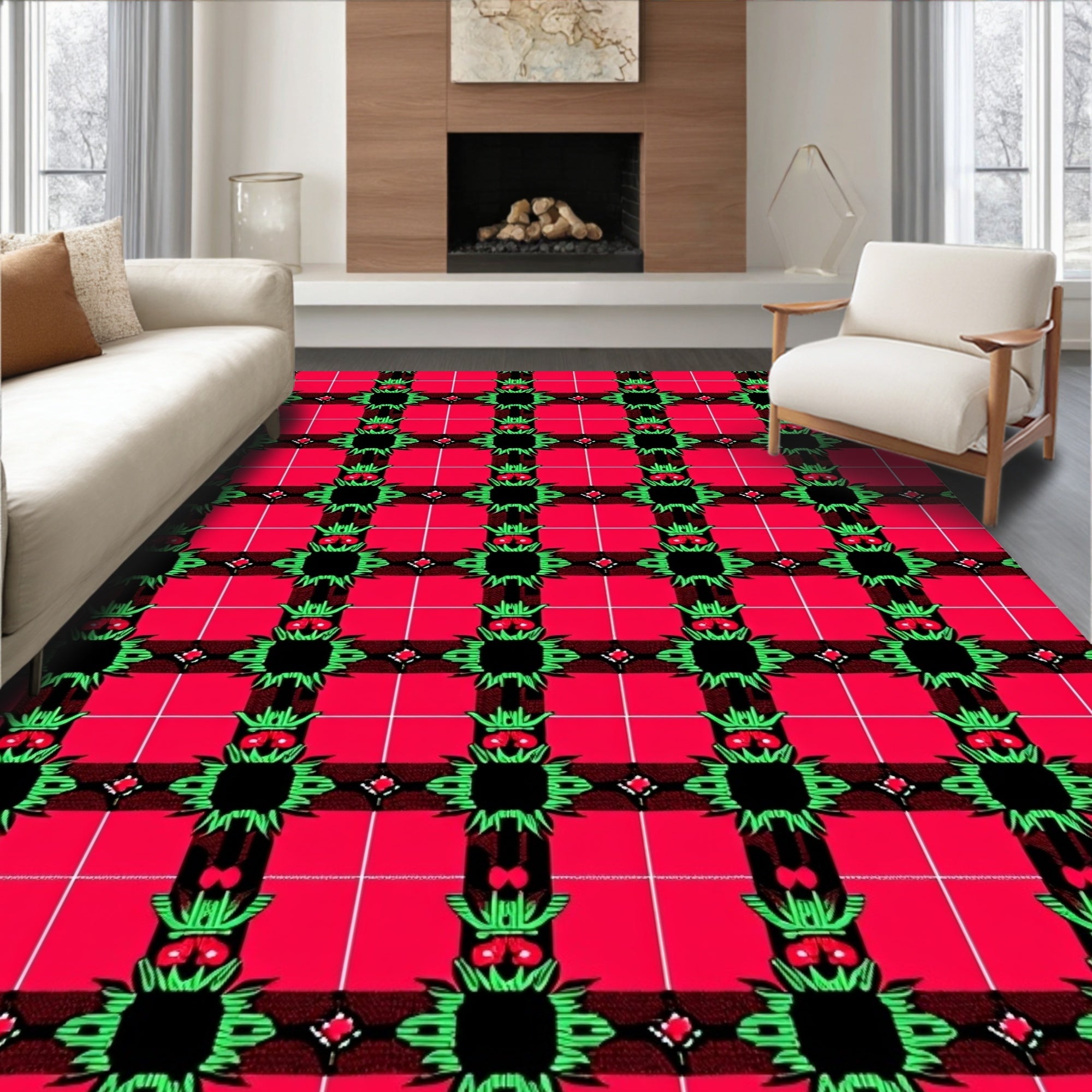 Crimson Green Black Plaid Blossom Rug