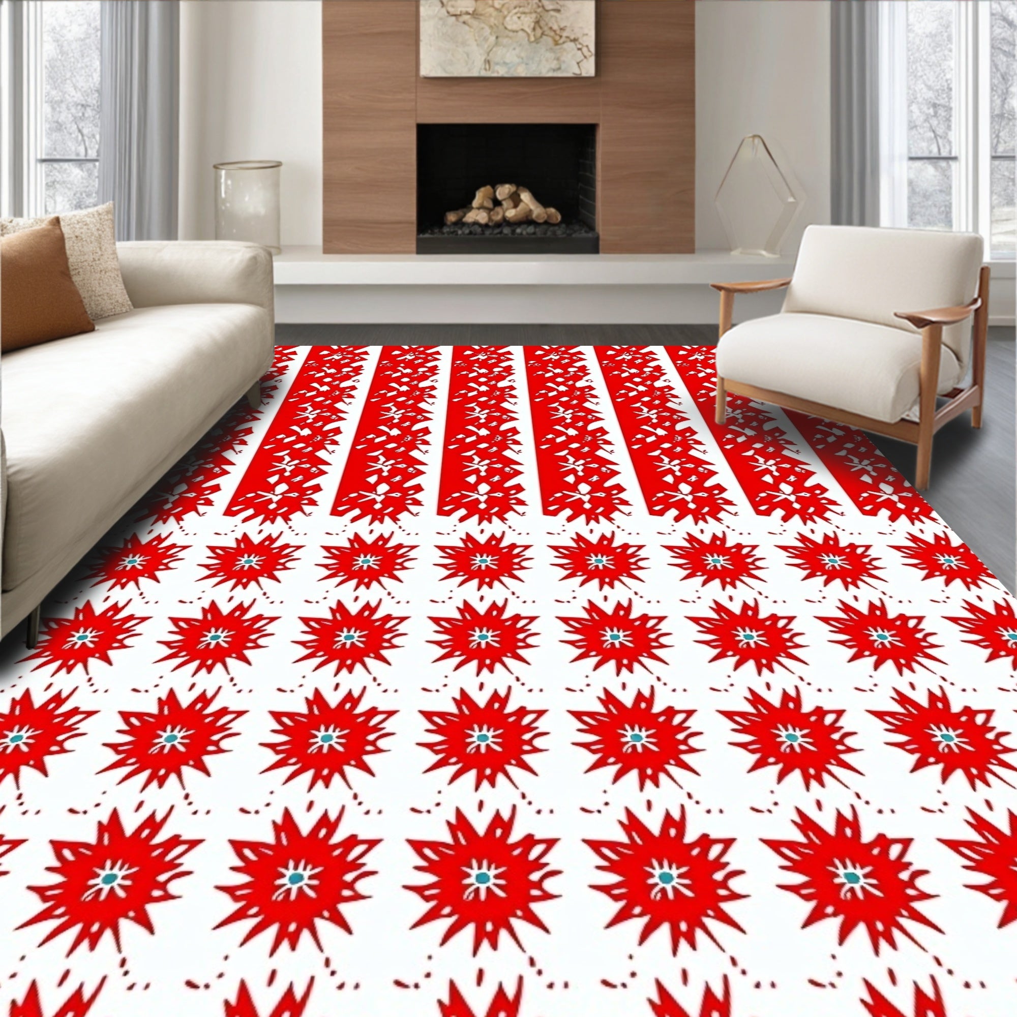 Bold Red Starburst Vertical Stripe Rug