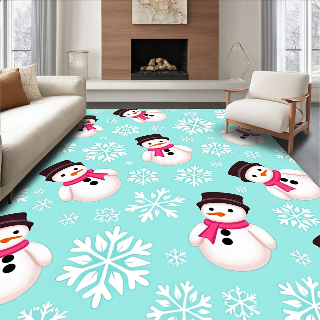 Cute Snowmen Pink Scarf Snowflakes Rug