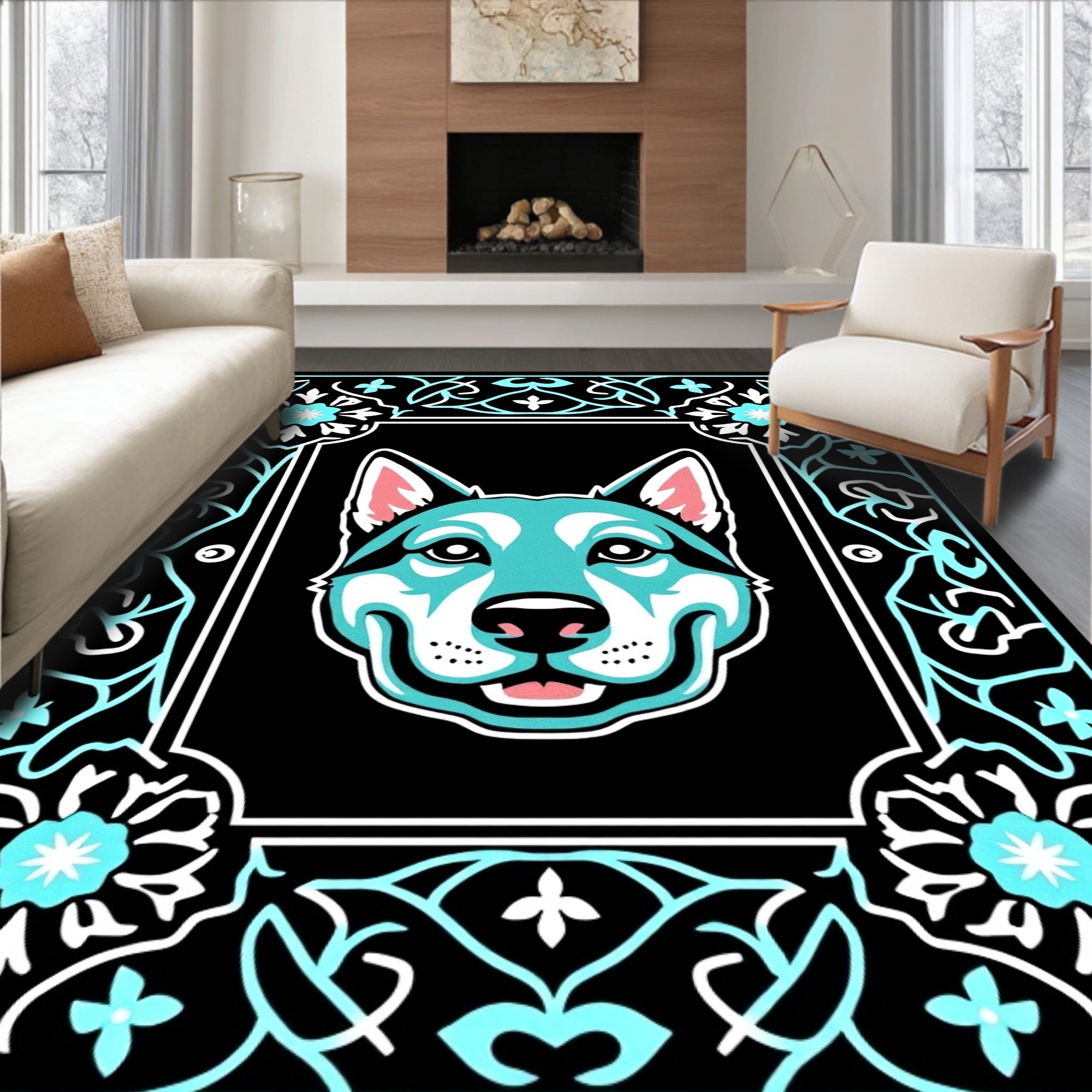 Turquoise Dog Floral Frame Black Rug