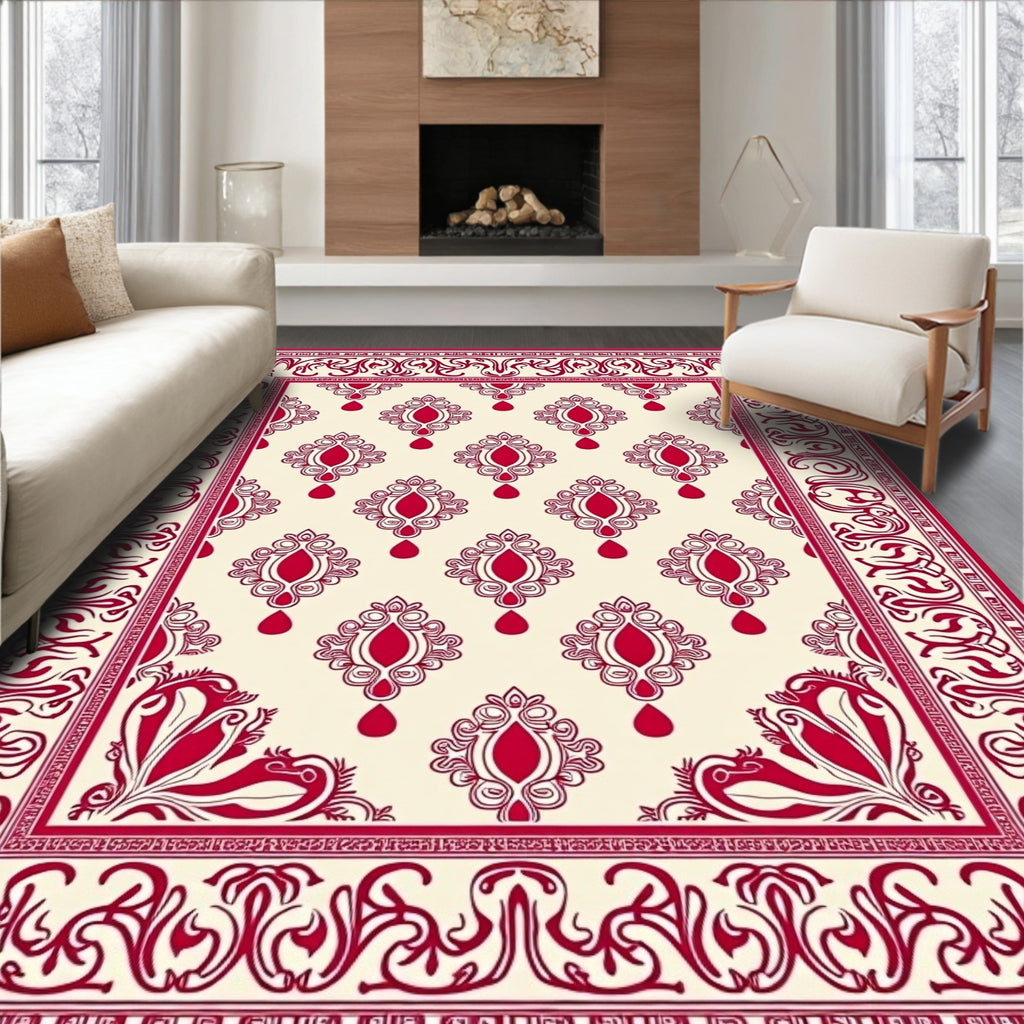 Crimson Medallion Bordered Cream Rug