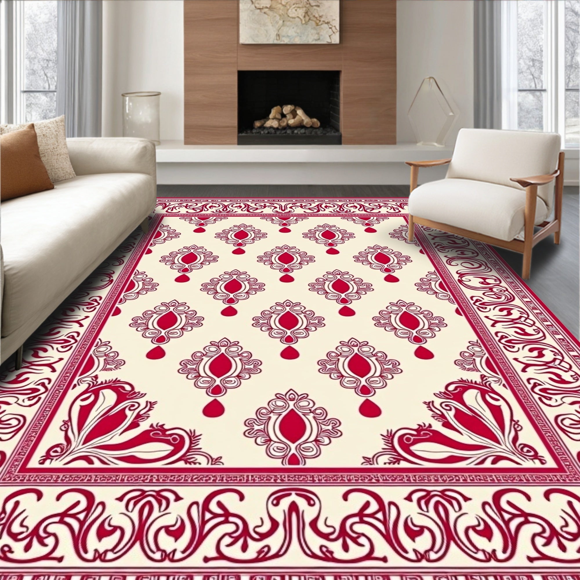 Crimson Medallion Bordered Cream Rug