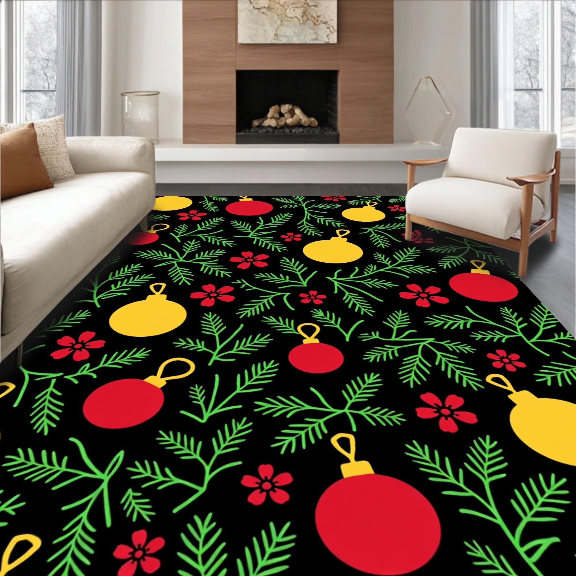 Festive Red Green Yellow Ornament Sprigs Rug
