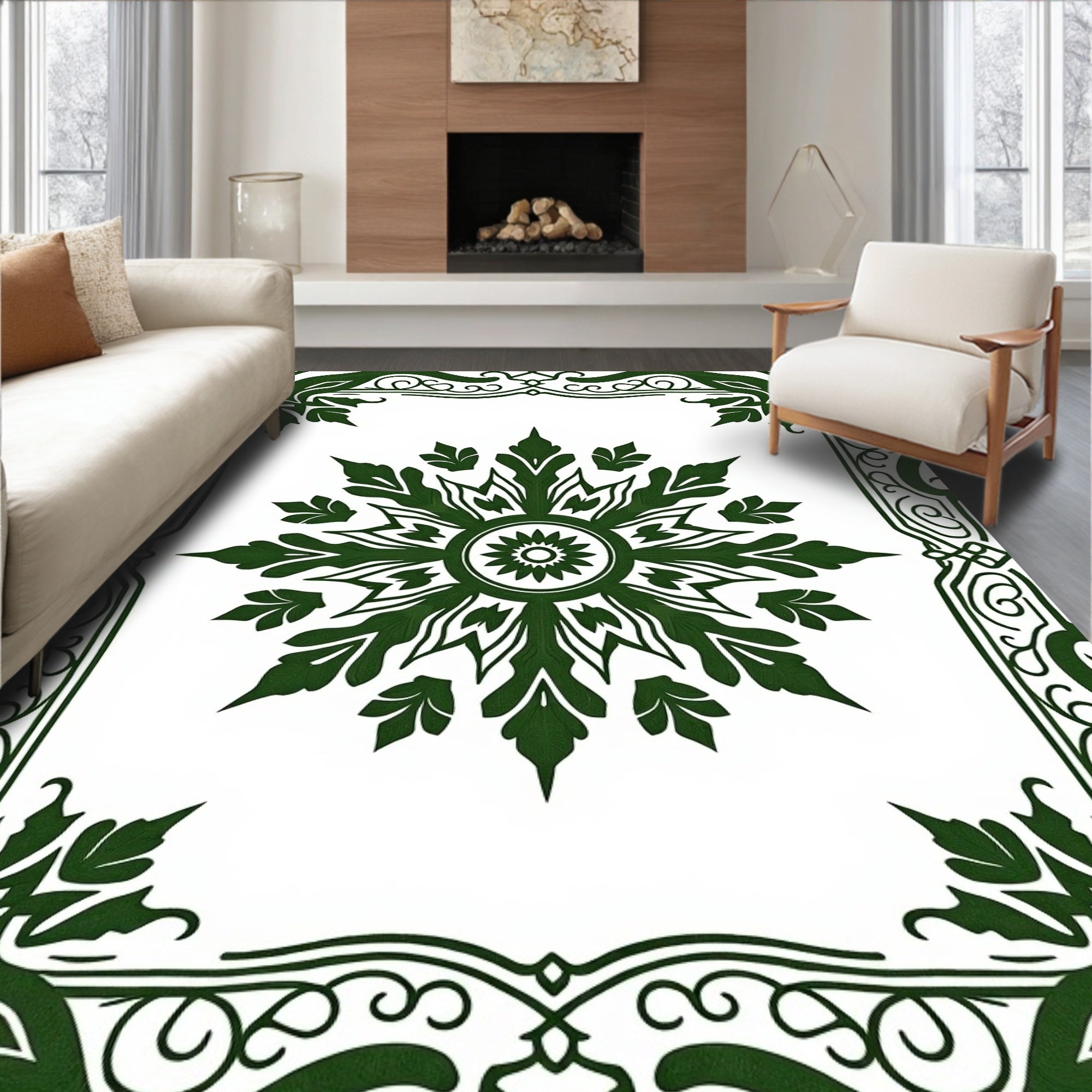 Deep Green Floral Medallion Frame Rug