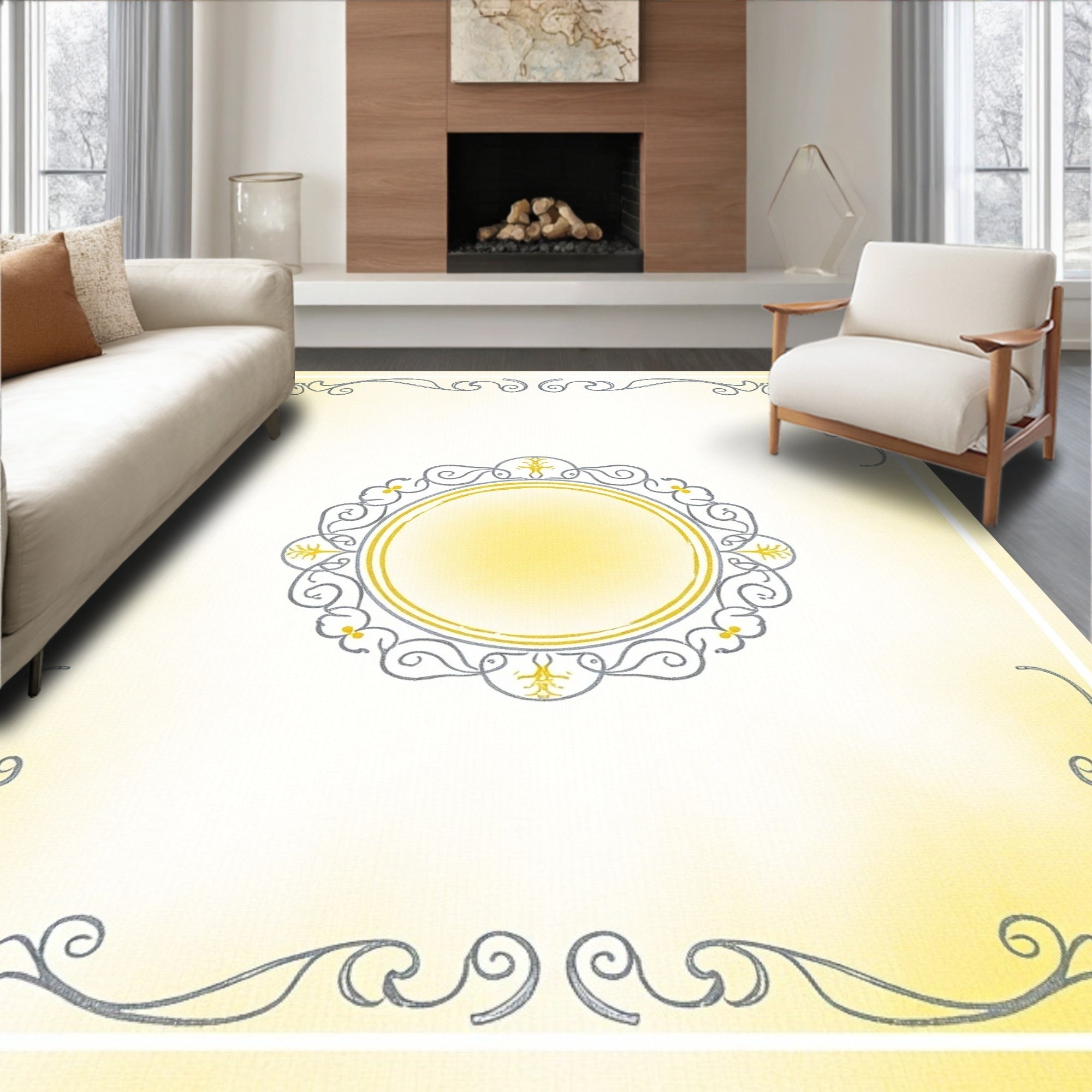 Elegant Yellow Gray Floral Medallion Frame Rug