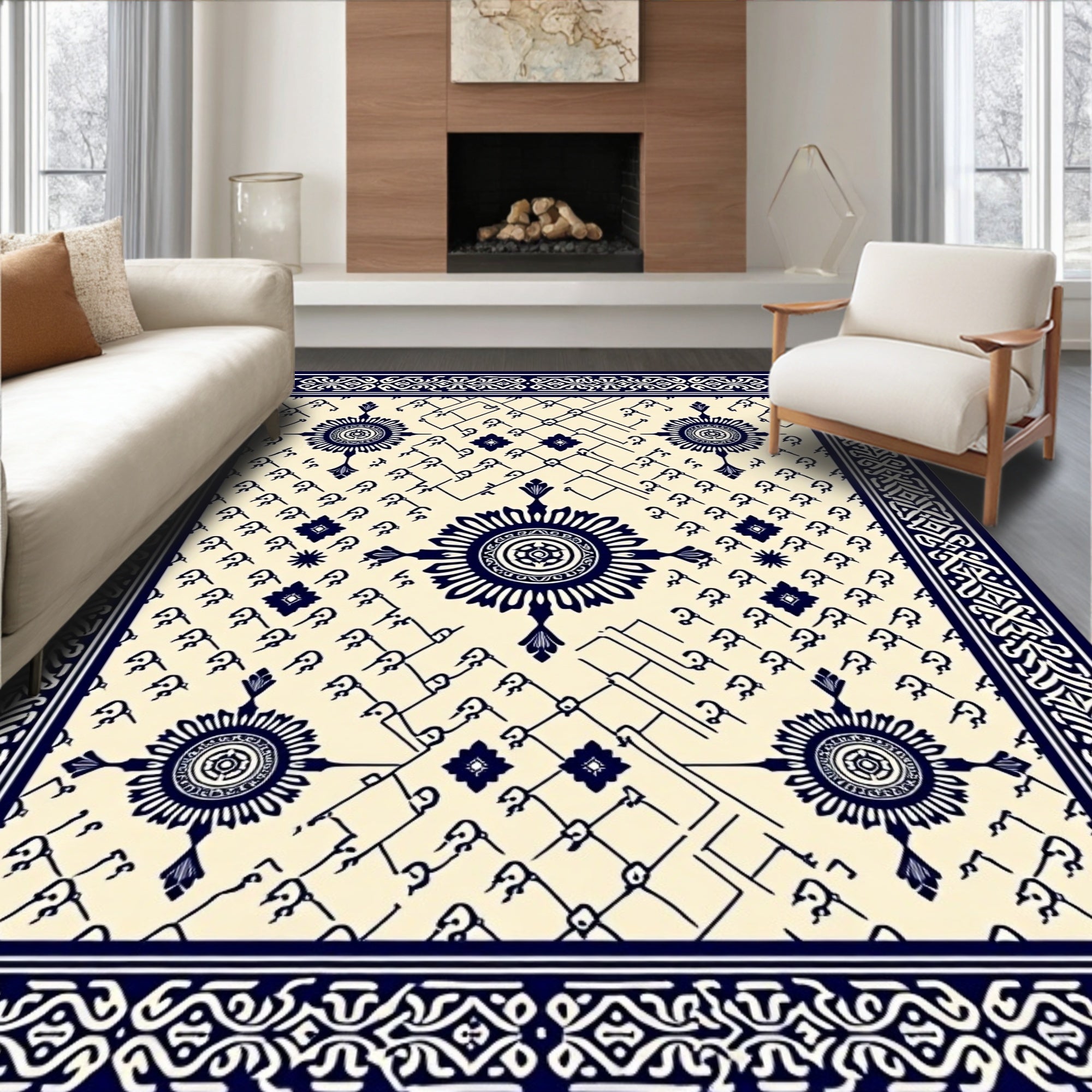 Navy Blue Medallion Geometric Cream Rug