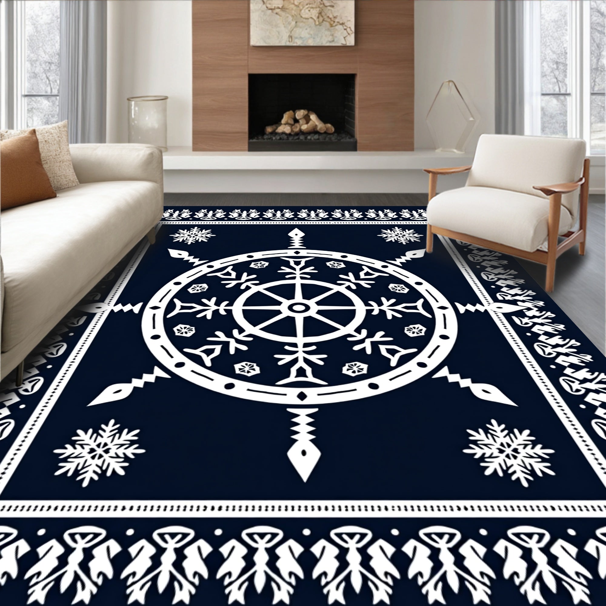 Navy White Snowflake Medallion Rug
