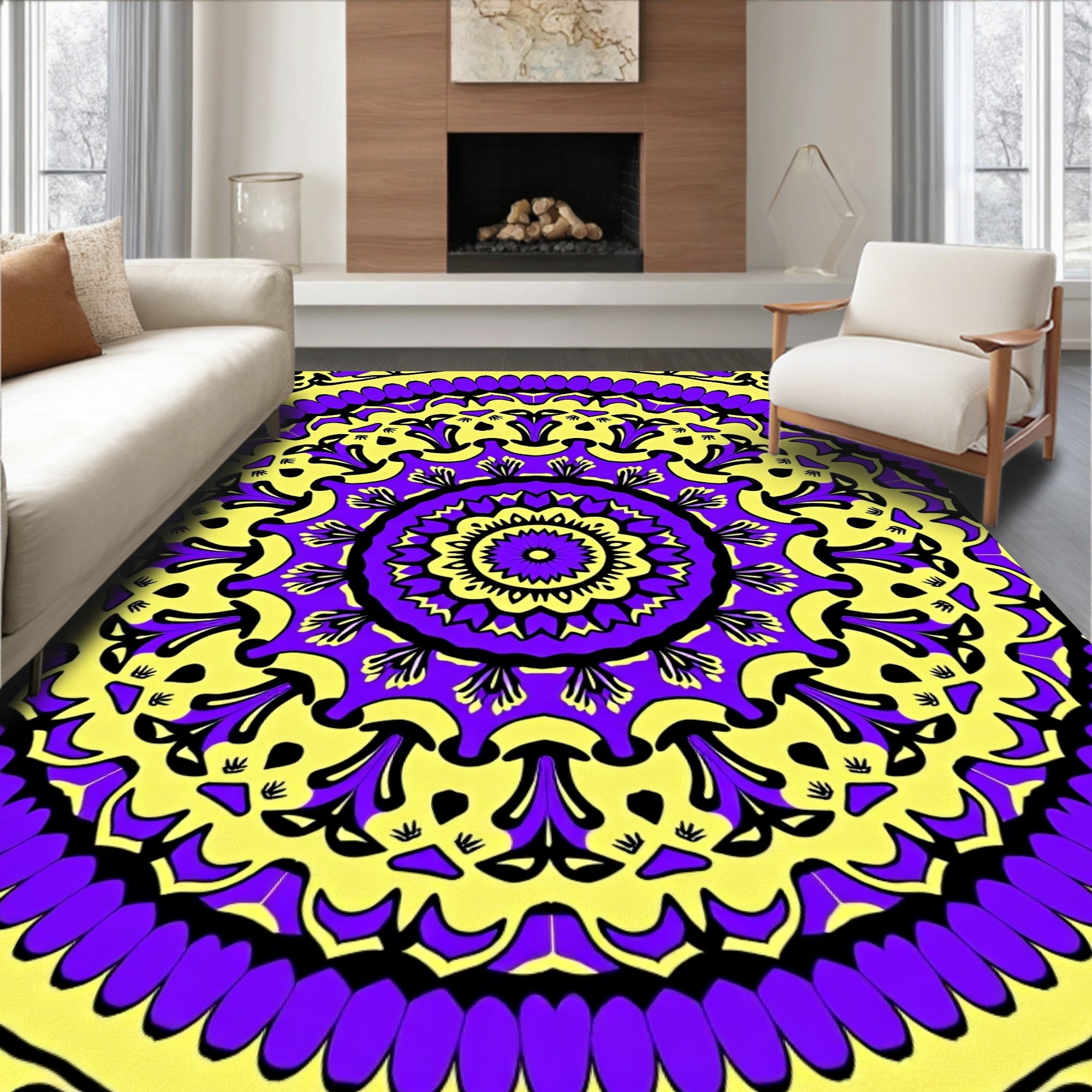 Vibrant Yellow Purple Mandala Bloom Rug