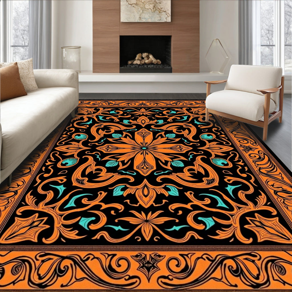 Orange Black Teal Floral Scroll Medallion Rug