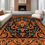 Orange Black Teal Floral Scroll Medallion Rug