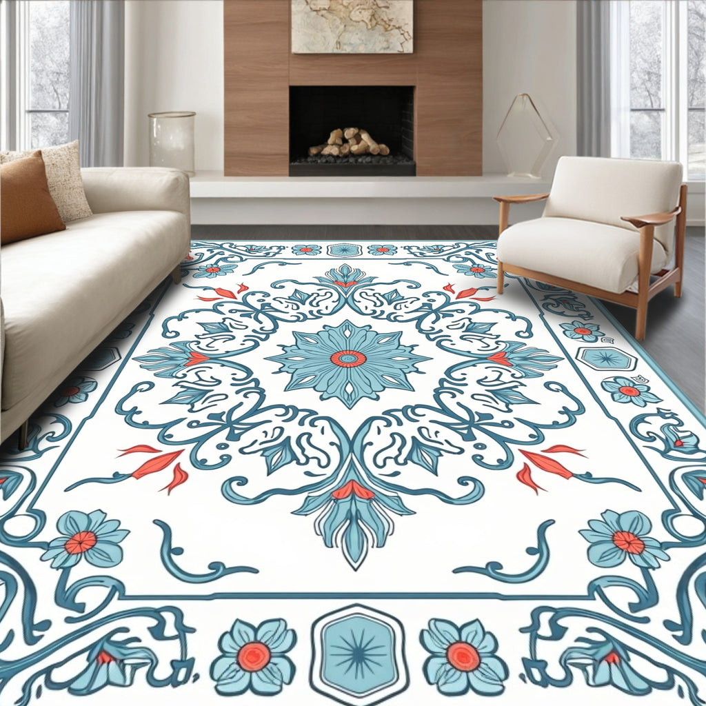 Blue Coral Floral Medallion Border Rug