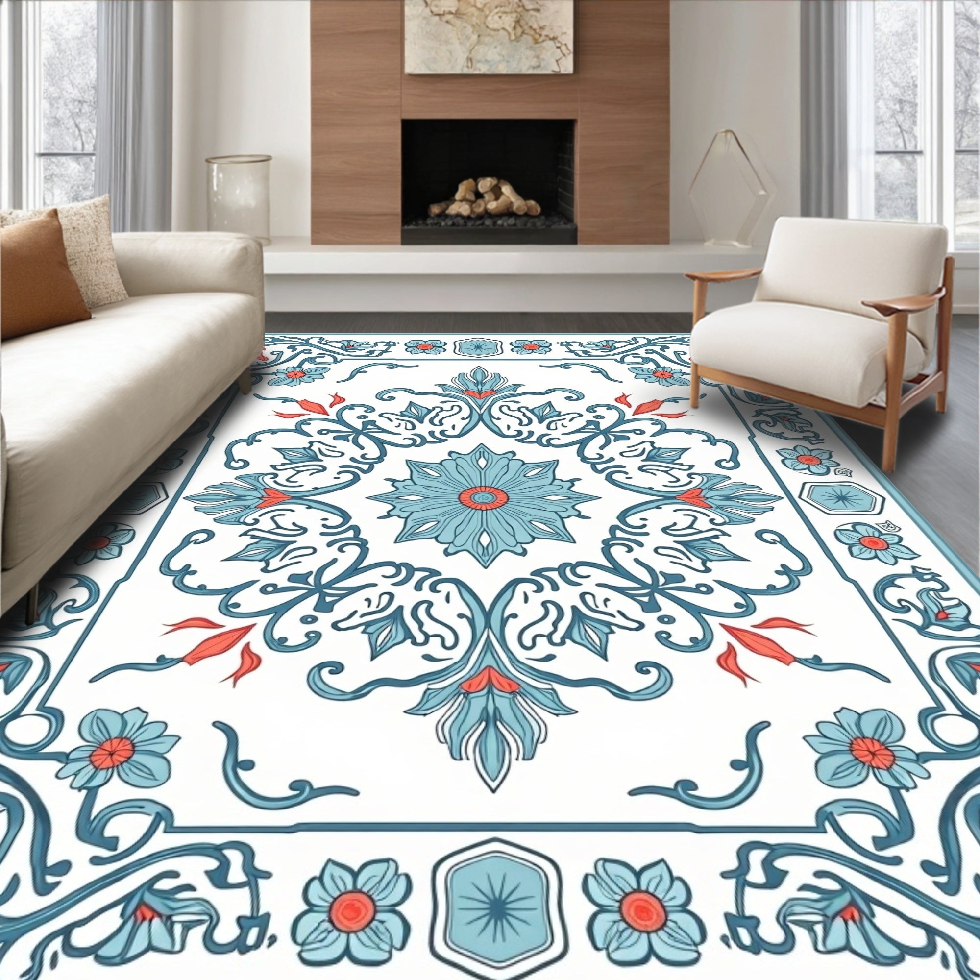 Blue Coral Floral Medallion Border Rug