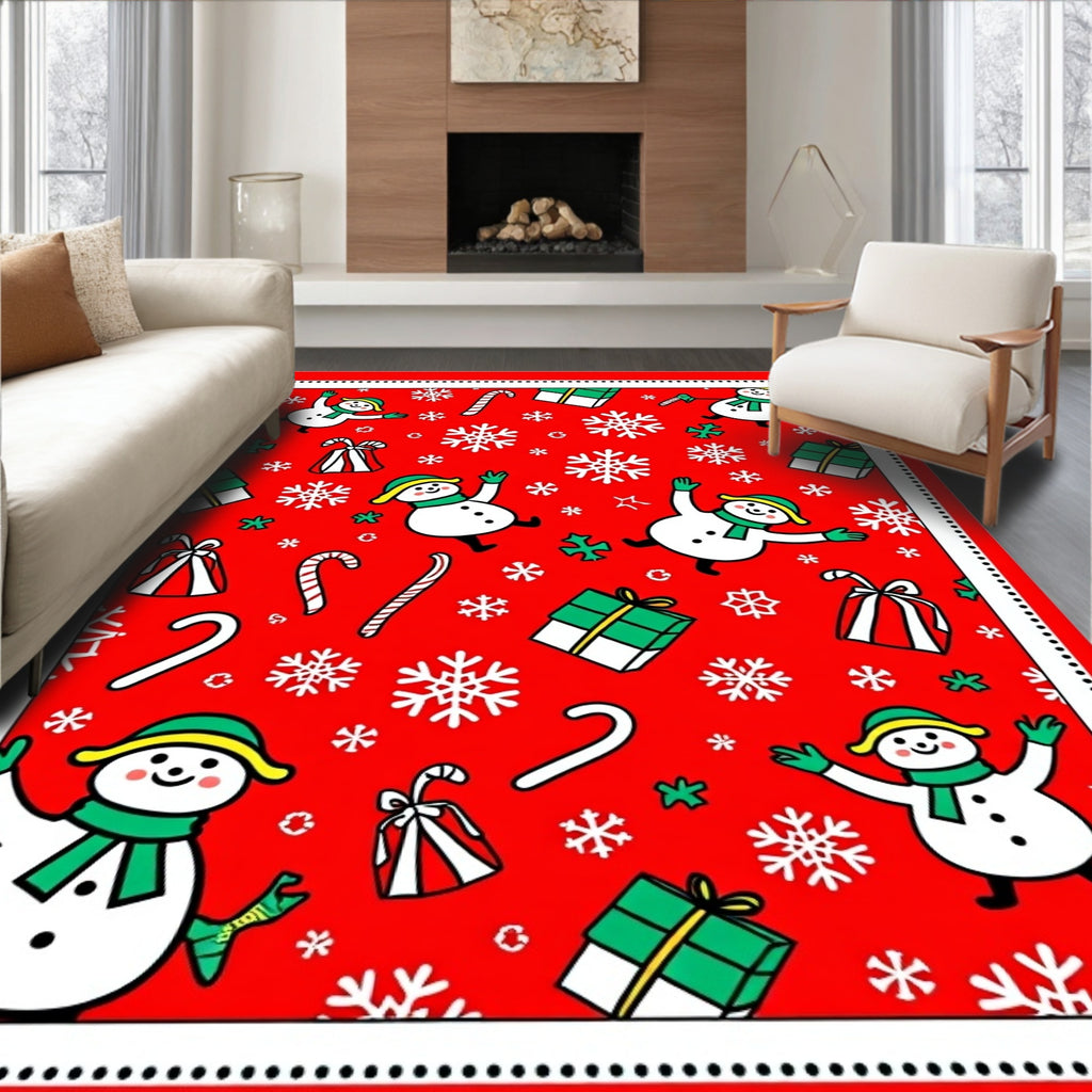 Joyful Red Snowman Candy Cane Present Rug