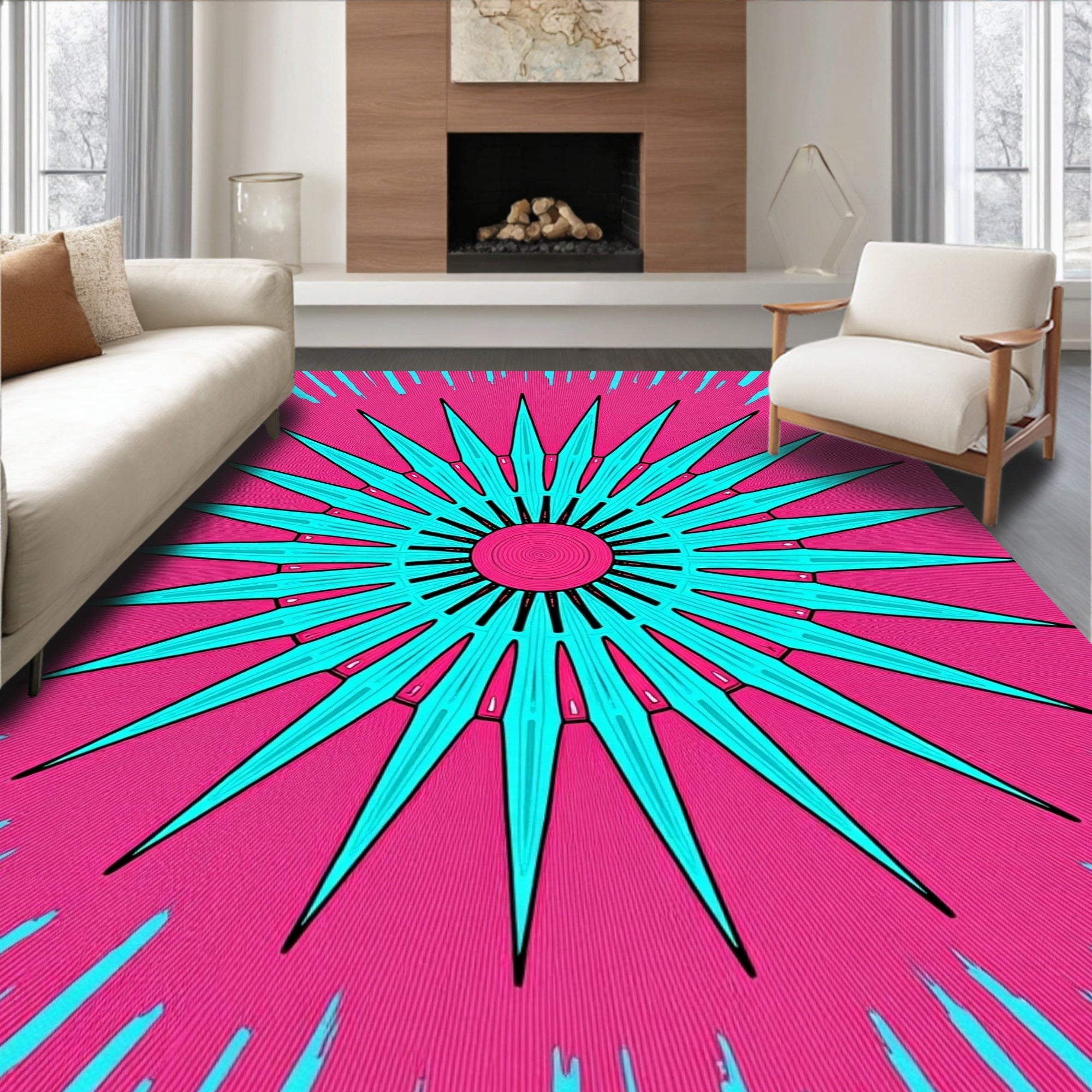 Vibrant Aqua Starburst Pink Radiating Rug