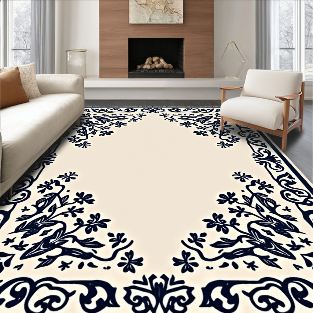 Cream Navy Floral Scroll Border Rug