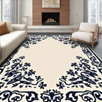 Cream Navy Floral Scroll Border Rug