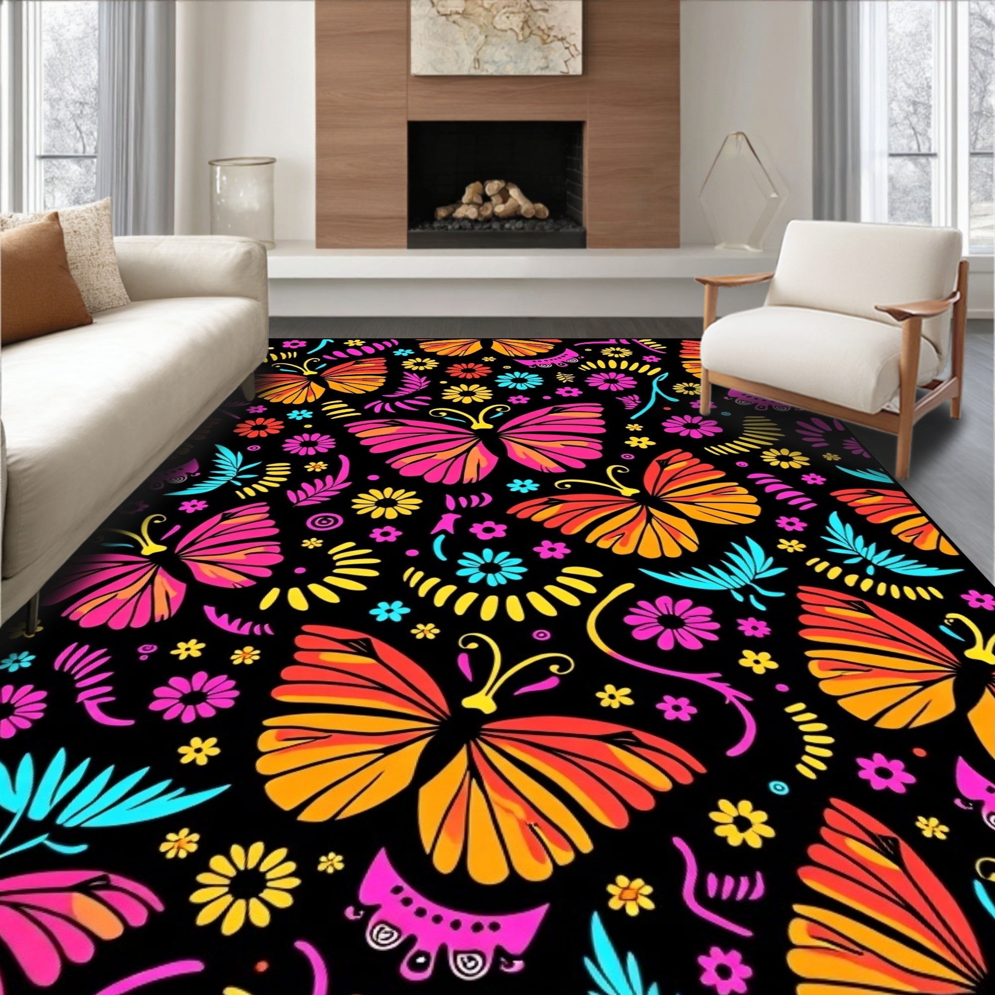 Vibrant Tropical Butterfly Garden Rug