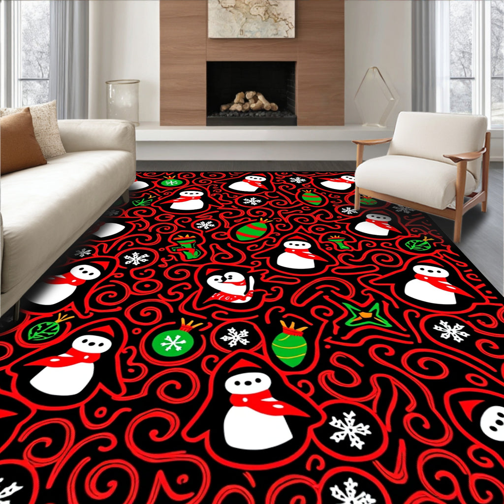 Whimsical Snowman Christmas Swirl Red Rug