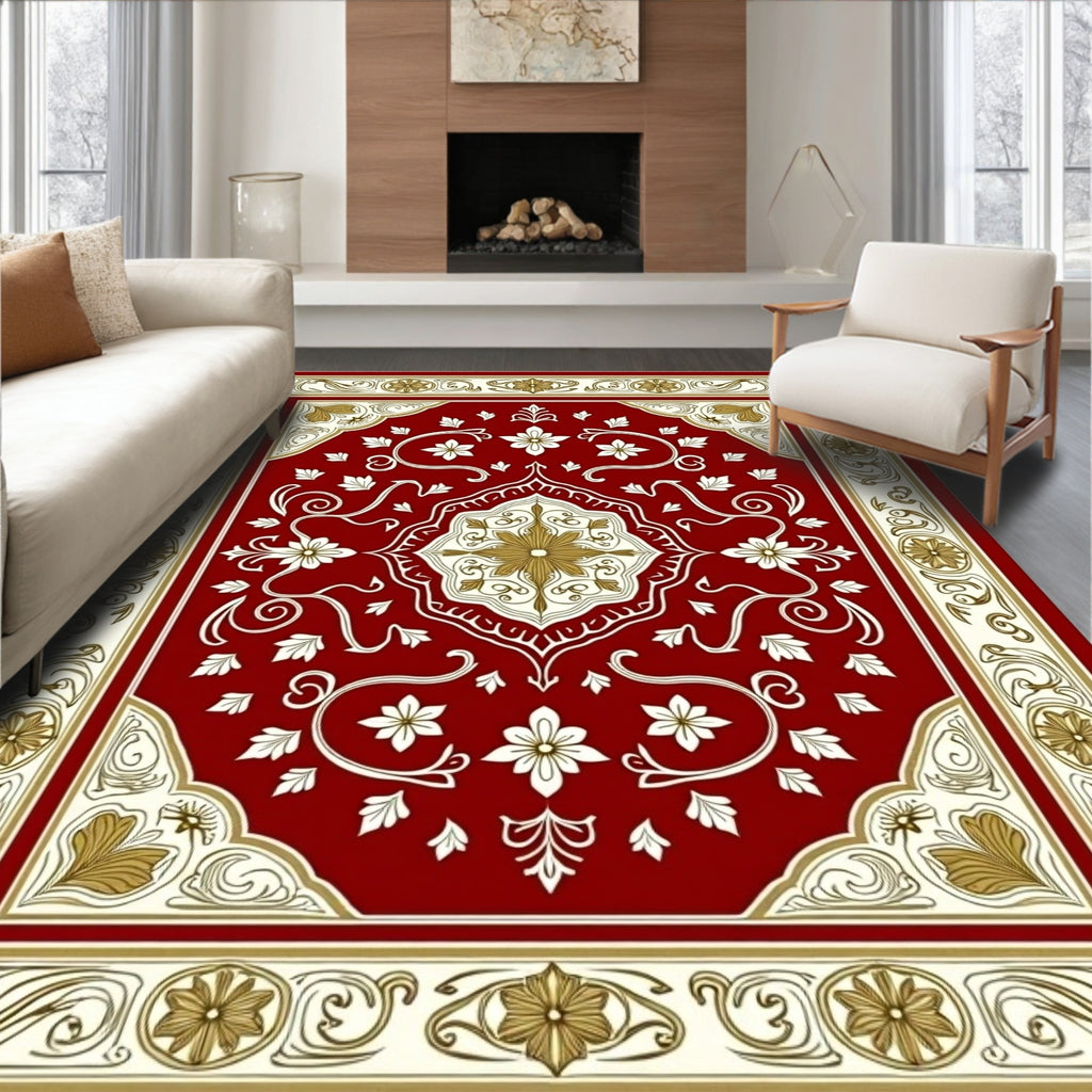 Rich Red Golden Floral Medallion Border Rug