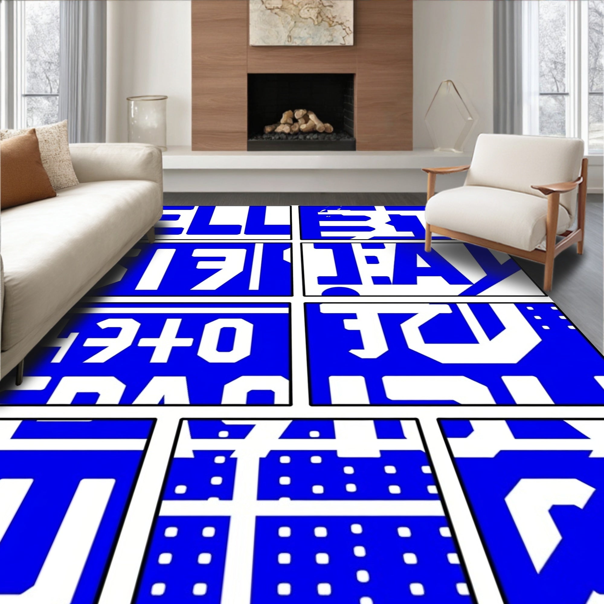 Bold Blue Geometric Text Collage Rug