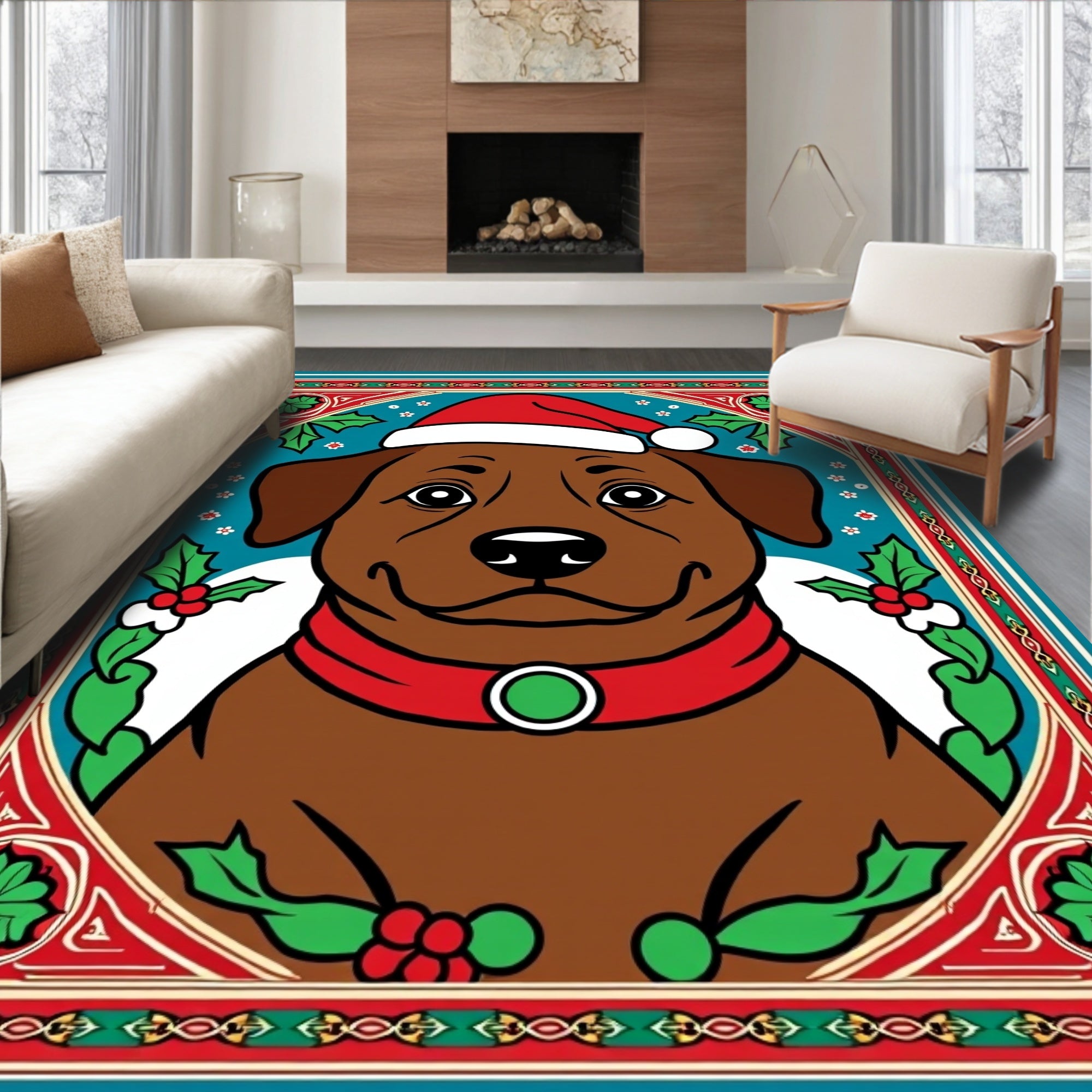 Festive Brown Dog Christmas Holly Frame Rug