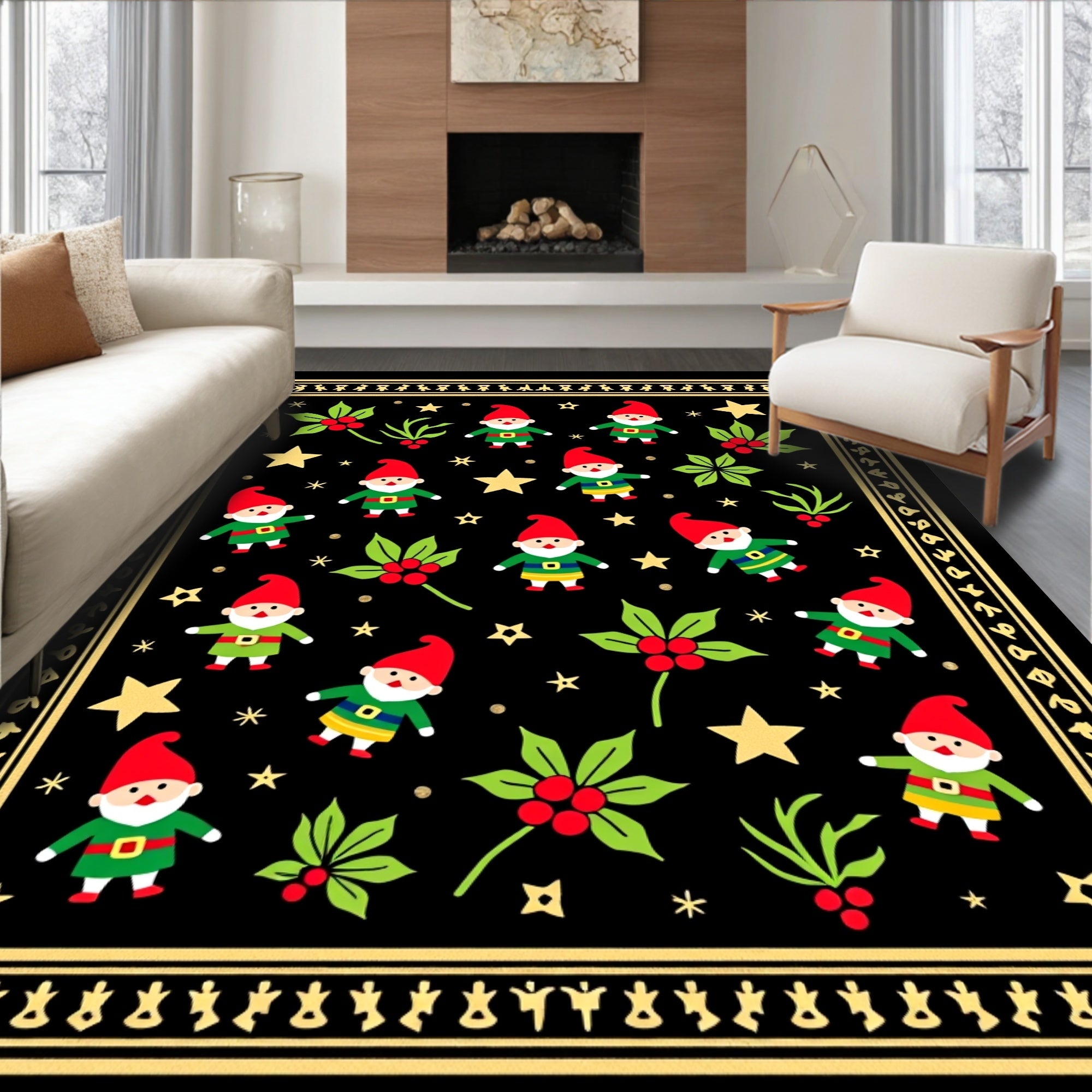 Black Gnomes Holly Stars Border Rug