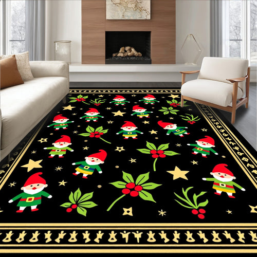 Black Gnomes Holly Stars Border Rug
