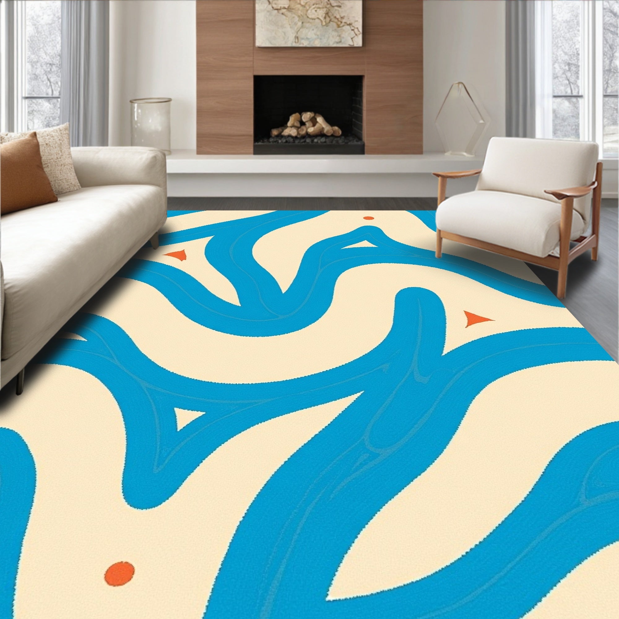 Azure Blue Wavy Forms With Orange Accents Rug
