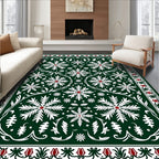 Dark Green White Red Floral Medallion Rug