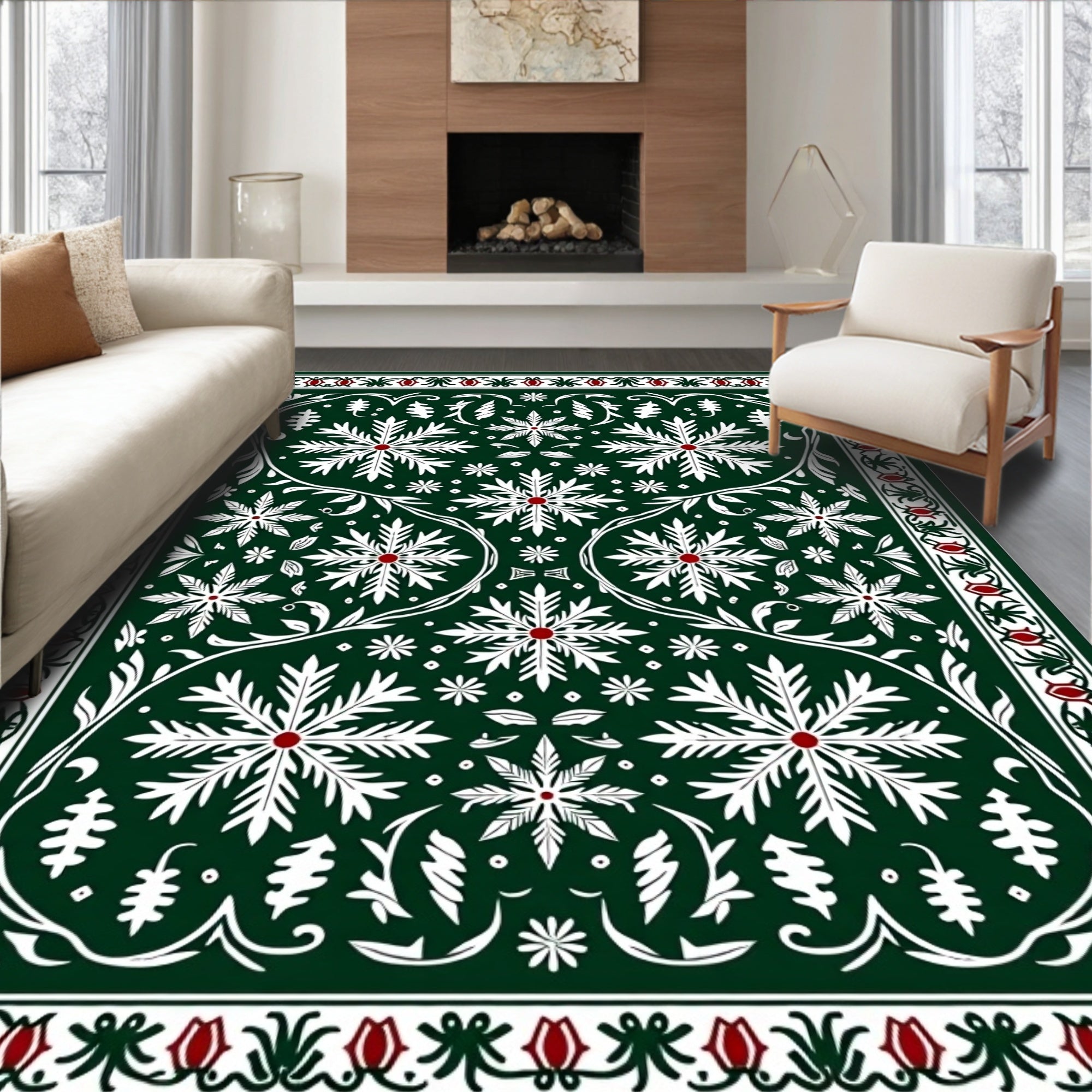Dark Green White Red Floral Medallion Rug