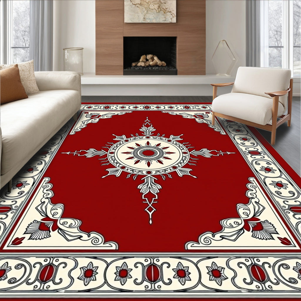 Crimson Cream Floral Sunburst Medallion Rug
