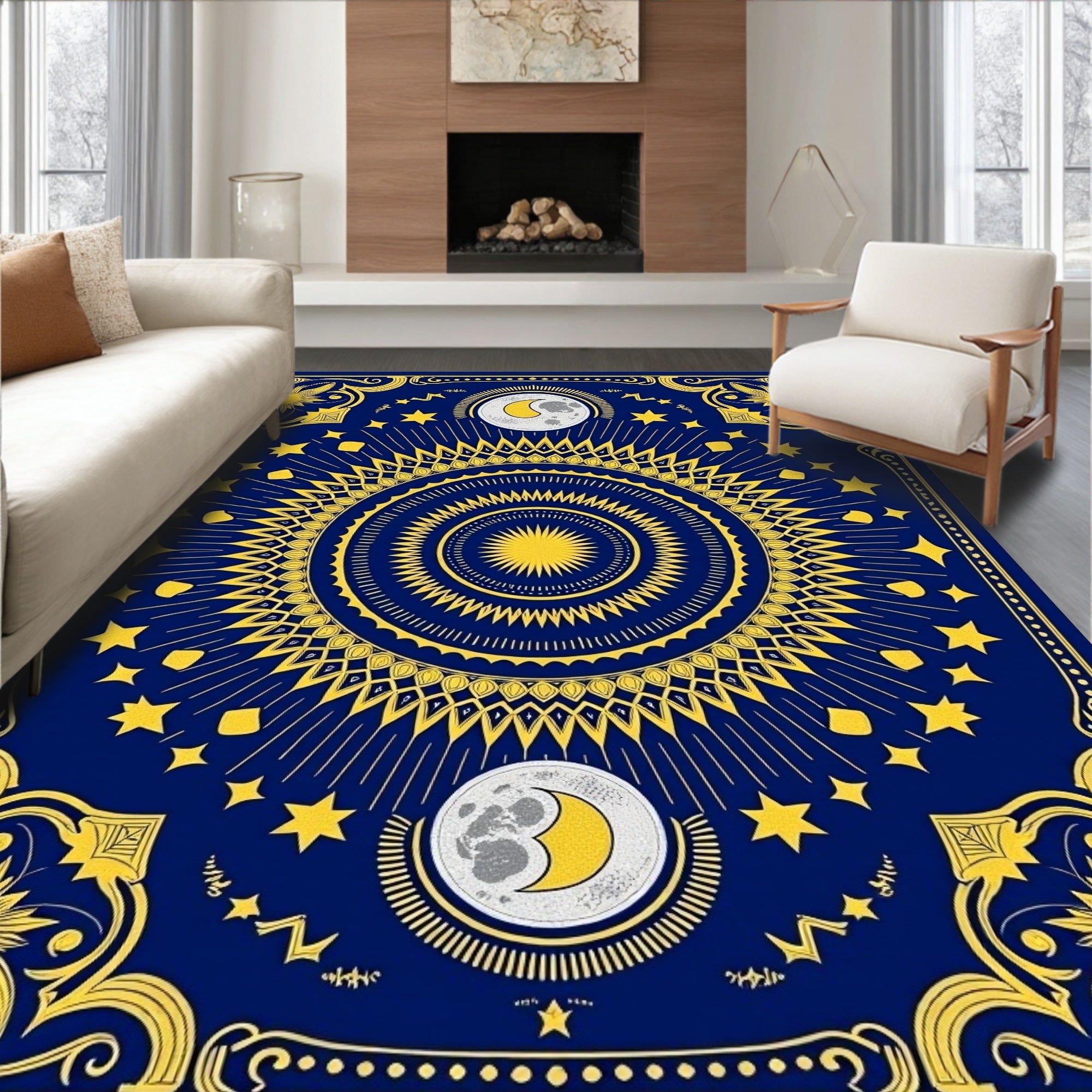 Deep Blue Celestial Sun Moon Stars Rug