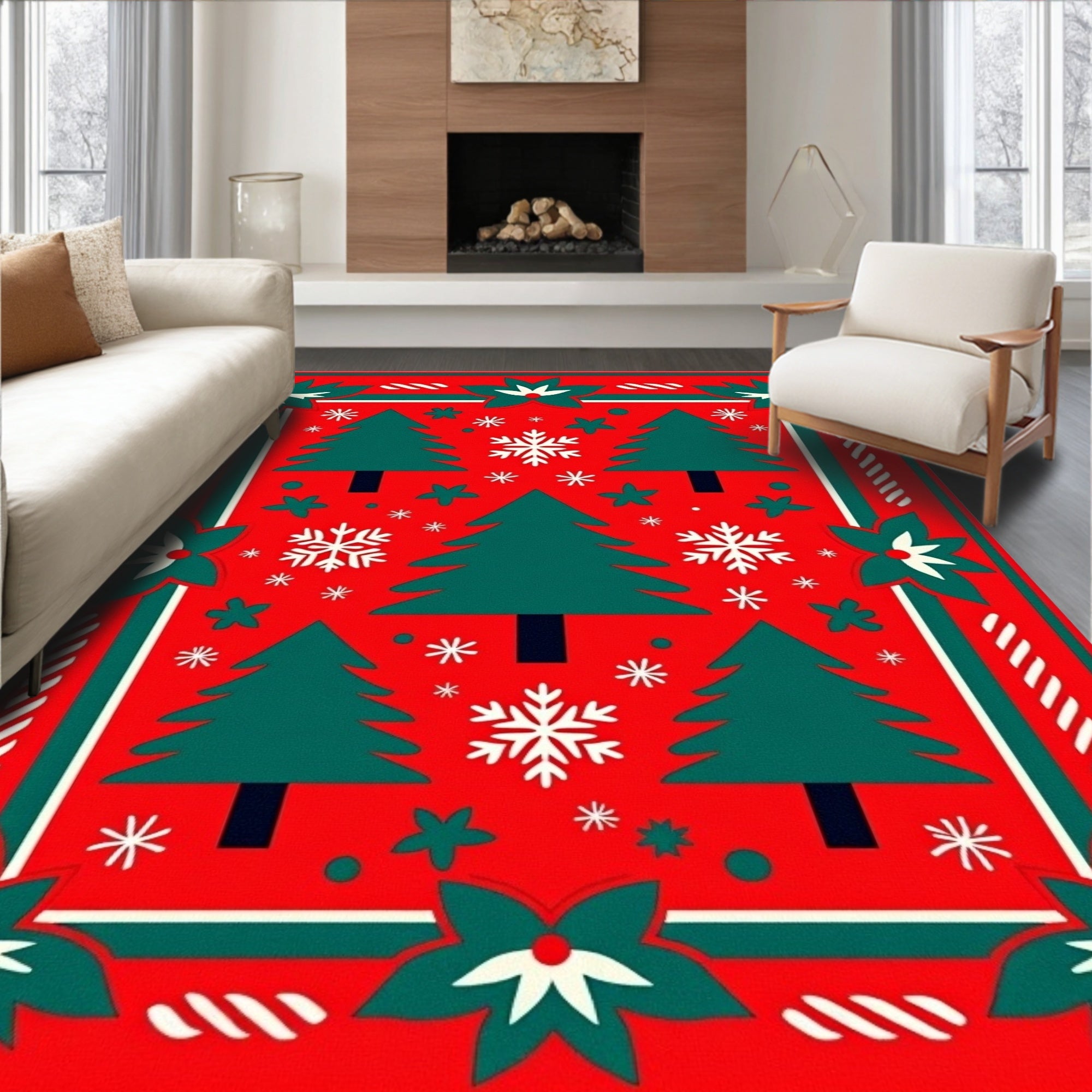 Festive Red Poinsettia Christmas Trees Rug