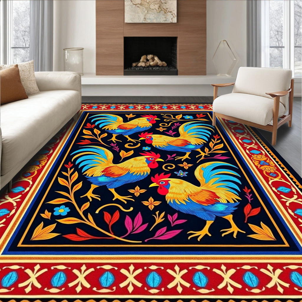 Vibrant Roosters Floral Border Rug