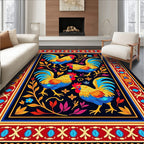 Vibrant Roosters Floral Border Rug