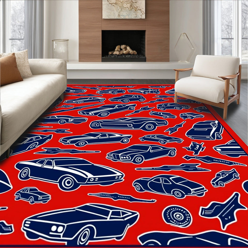 Retro Blue Cars on Red Background Rug