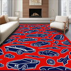 Retro Blue Cars on Red Background Rug