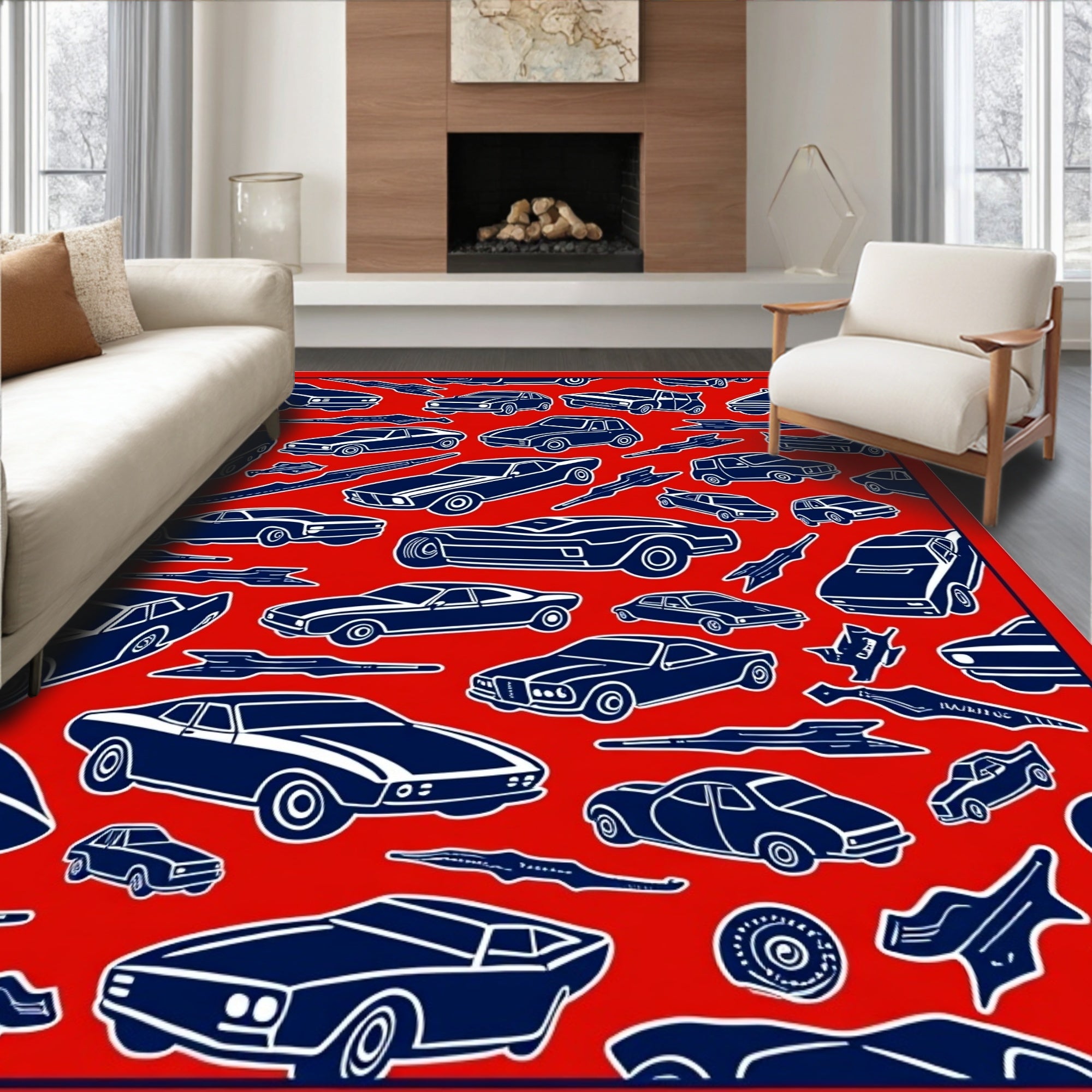 Retro Blue Cars on Red Background Rug