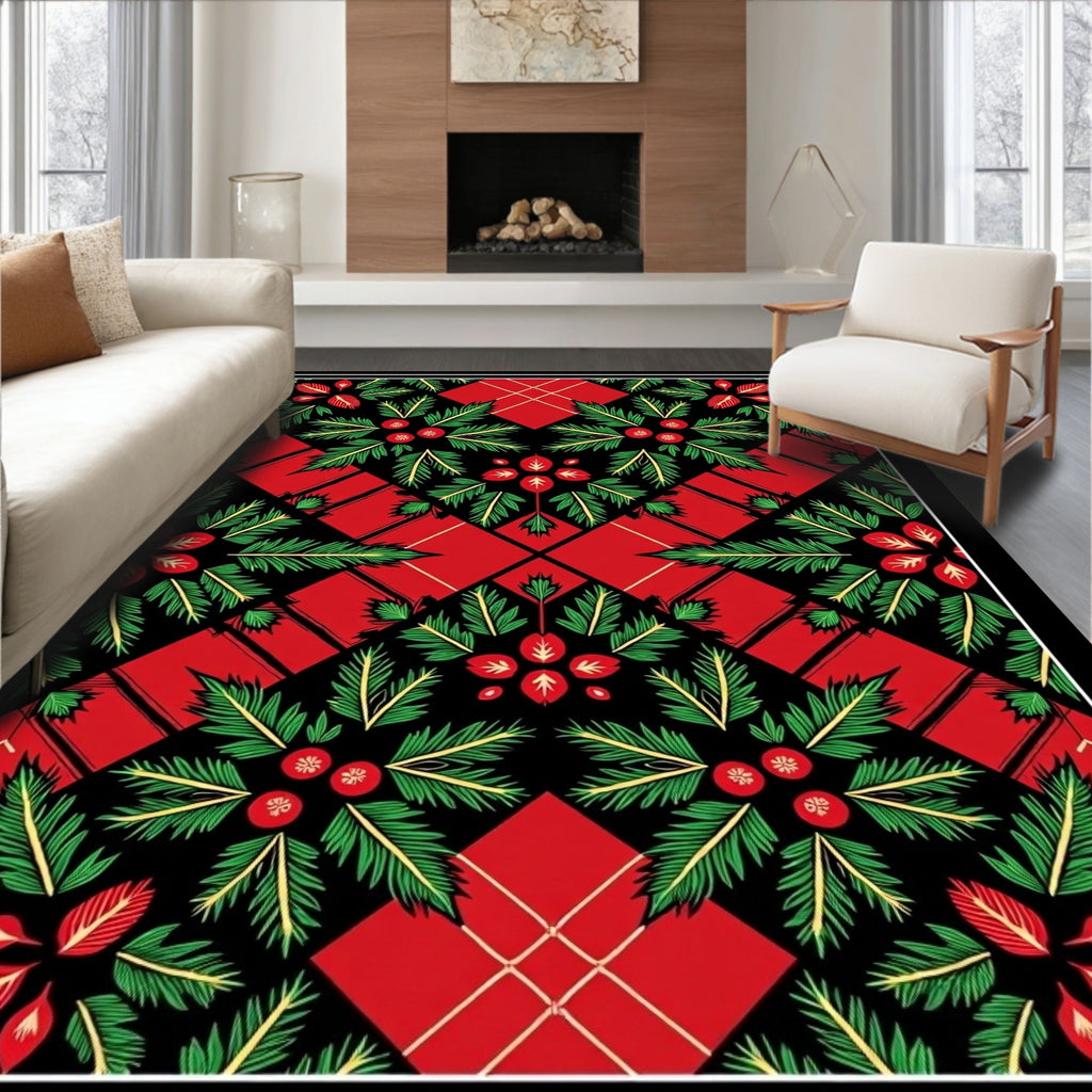 Festive Red Green Holly Floral Square Rug
