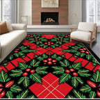 Festive Red Green Holly Floral Square Rug