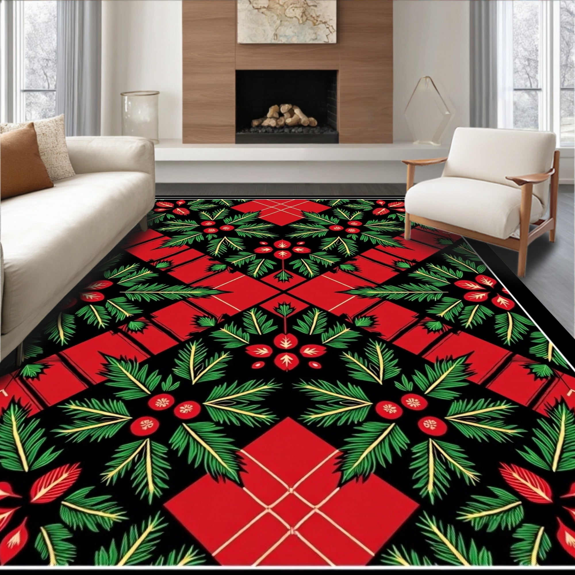 Festive Red Green Holly Floral Square Rug