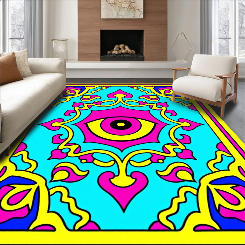 Vibrant Cyan Pink Yellow Eye Mandala Rug