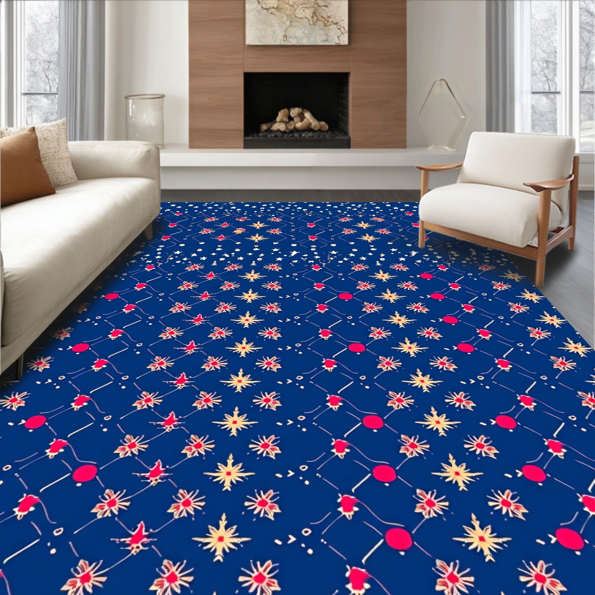 Deep Blue Starburst Diamond Medallion Rug