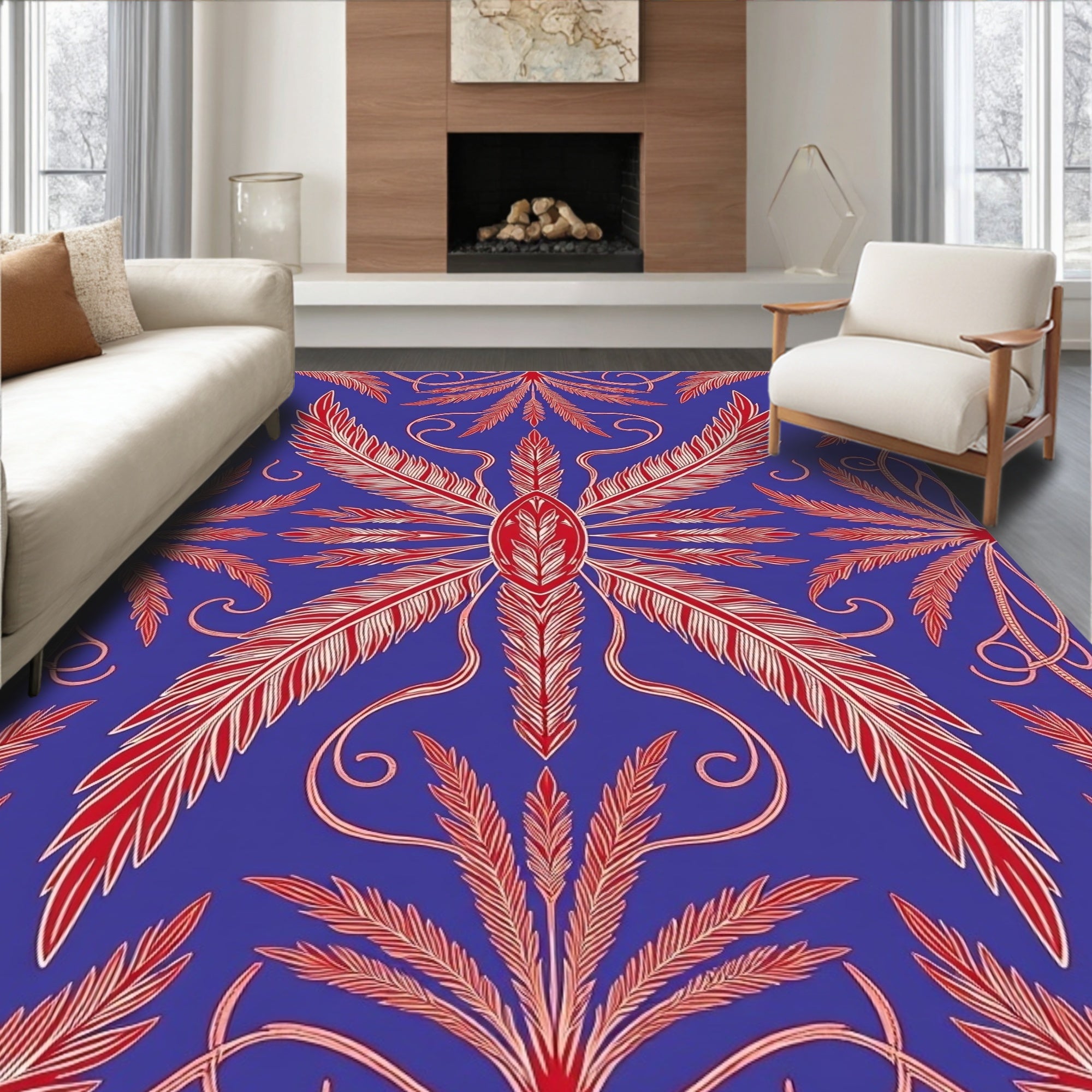 Crimson Feather Swirl Blue Rug