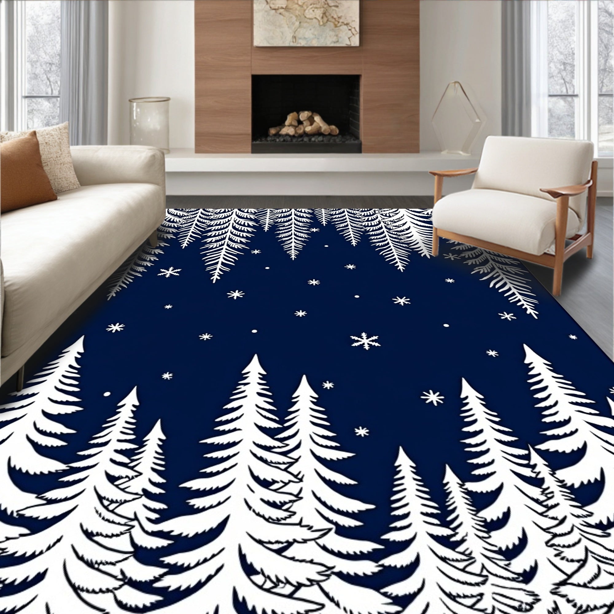 Deep Blue Winter Forest Snowflake Scene Rug